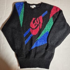 Vintage 80s Abstract Graphic Colorblock‎ Knit Sweater Black Retro Small